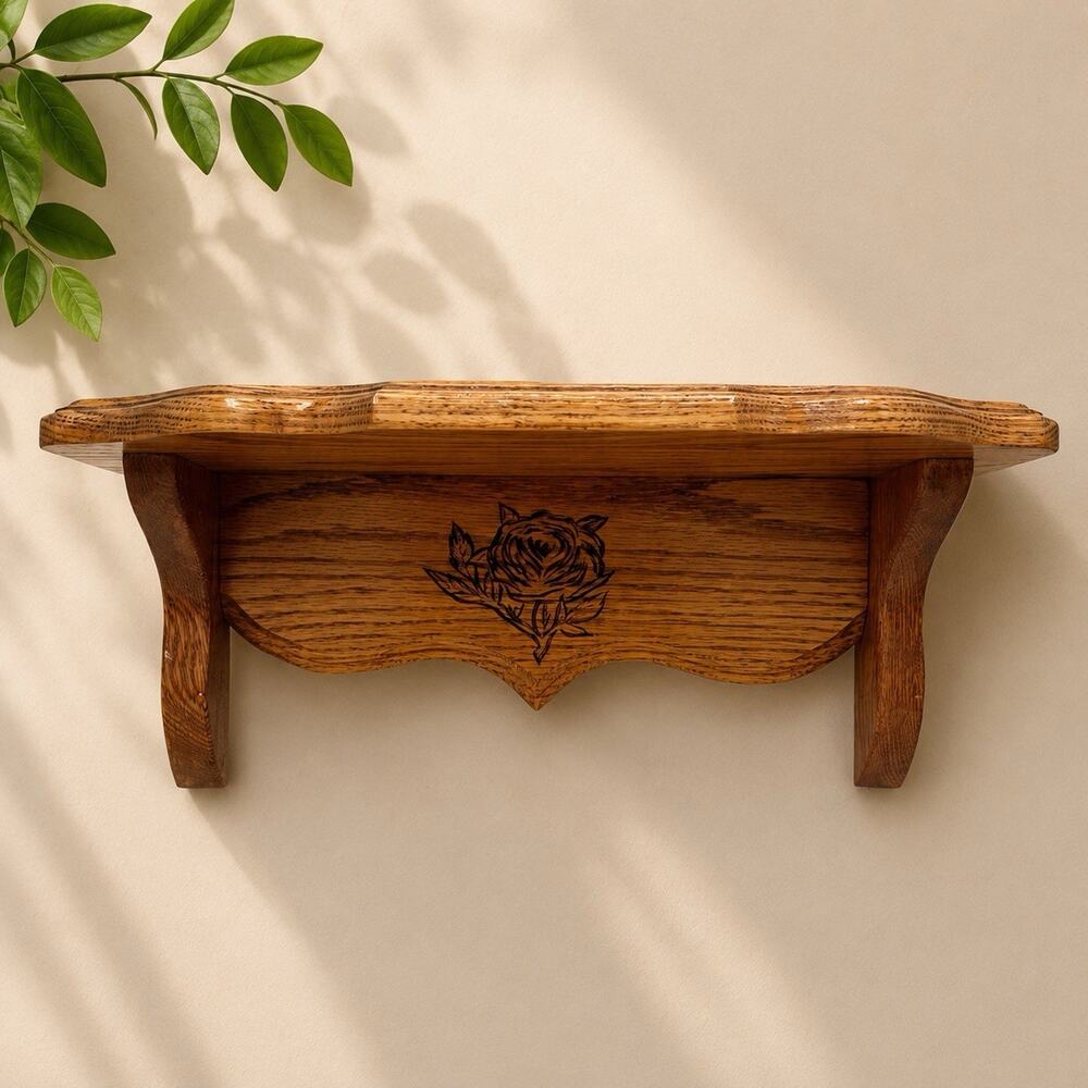 Vintage Oak Wooden Shelf: Scalloped Edge Wall Decor Etched Flower Design
